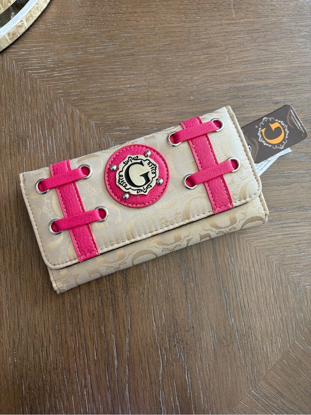 Guess Beige Wallet with Hot Pink Accents